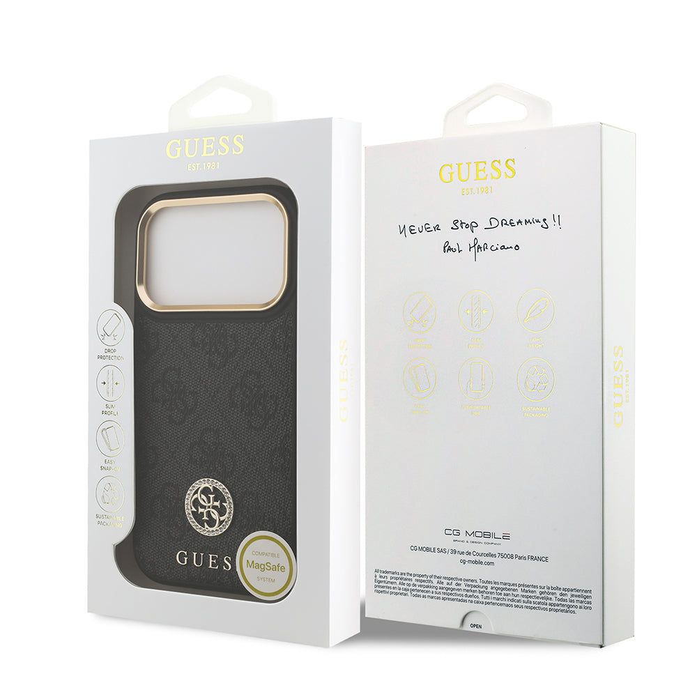 iPhone 17 Pro Kılıf Guess Orijinal Lisanslı M-safe Şarj Özellikli Gold Metal Kamera Çerçeveli Taşlı 4G Logolu Kılıf