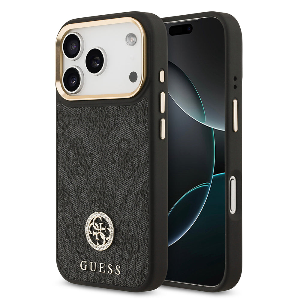 iPhone 17 Pro Kılıf Guess Orijinal Lisanslı M-safe Şarj Özellikli Gold Metal Kamera Çerçeveli Taşlı 4G Logolu Kılıf
