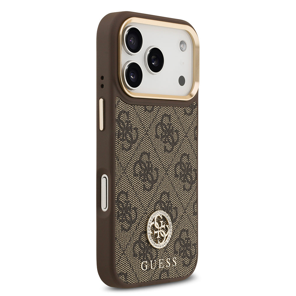 iPhone 17 Pro Kılıf Guess Orijinal Lisanslı M-safe Şarj Özellikli Gold Metal Kamera Çerçeveli Taşlı 4G Logolu Kılıf