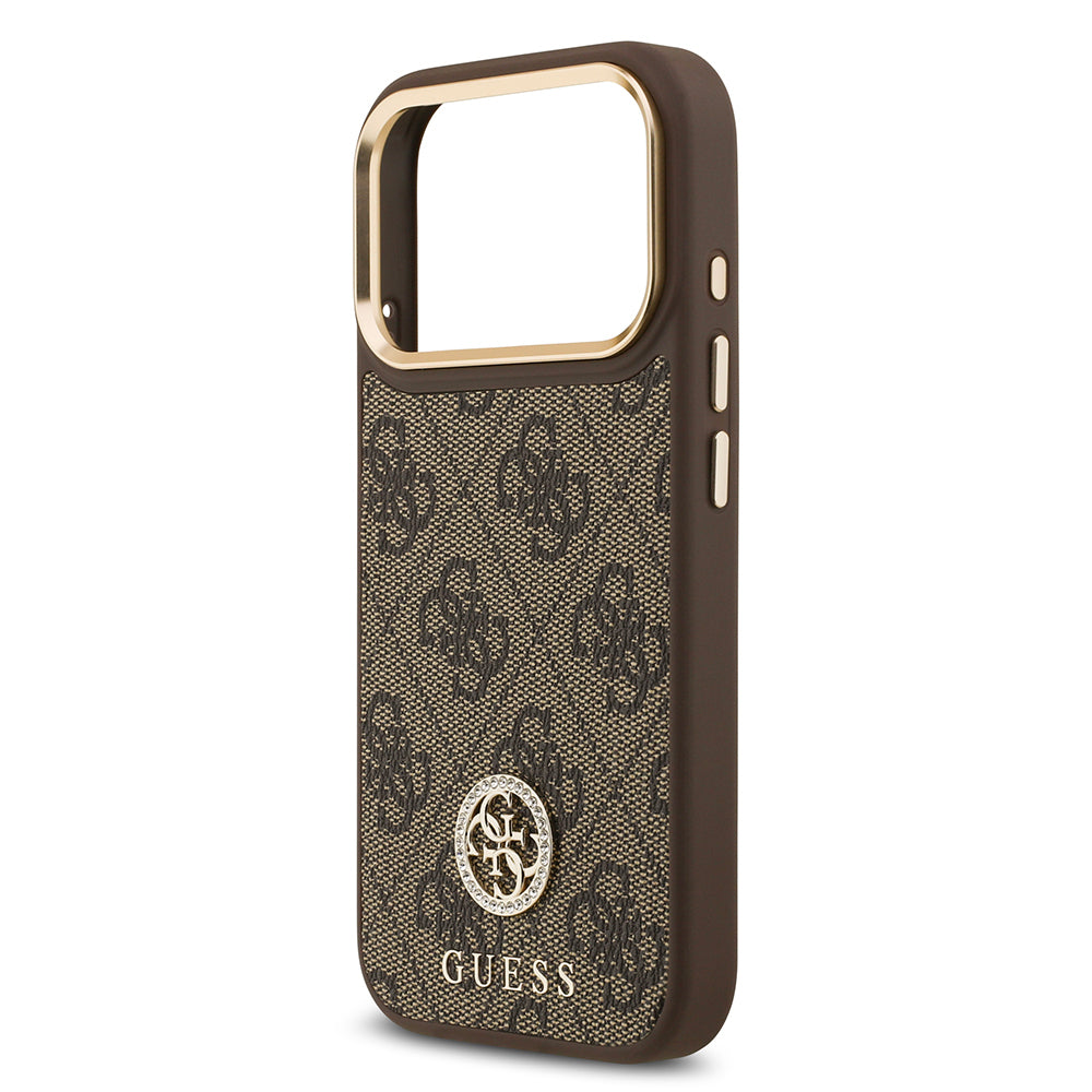iPhone 17 Pro Kılıf Guess Orijinal Lisanslı M-safe Şarj Özellikli Gold Metal Kamera Çerçeveli Taşlı 4G Logolu Kılıf