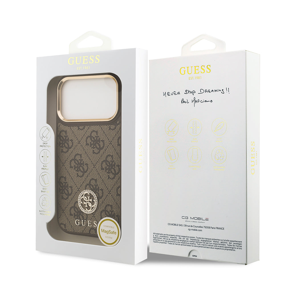 iPhone 17 Pro Kılıf Guess Orijinal Lisanslı M-safe Şarj Özellikli Gold Metal Kamera Çerçeveli Taşlı 4G Logolu Kılıf