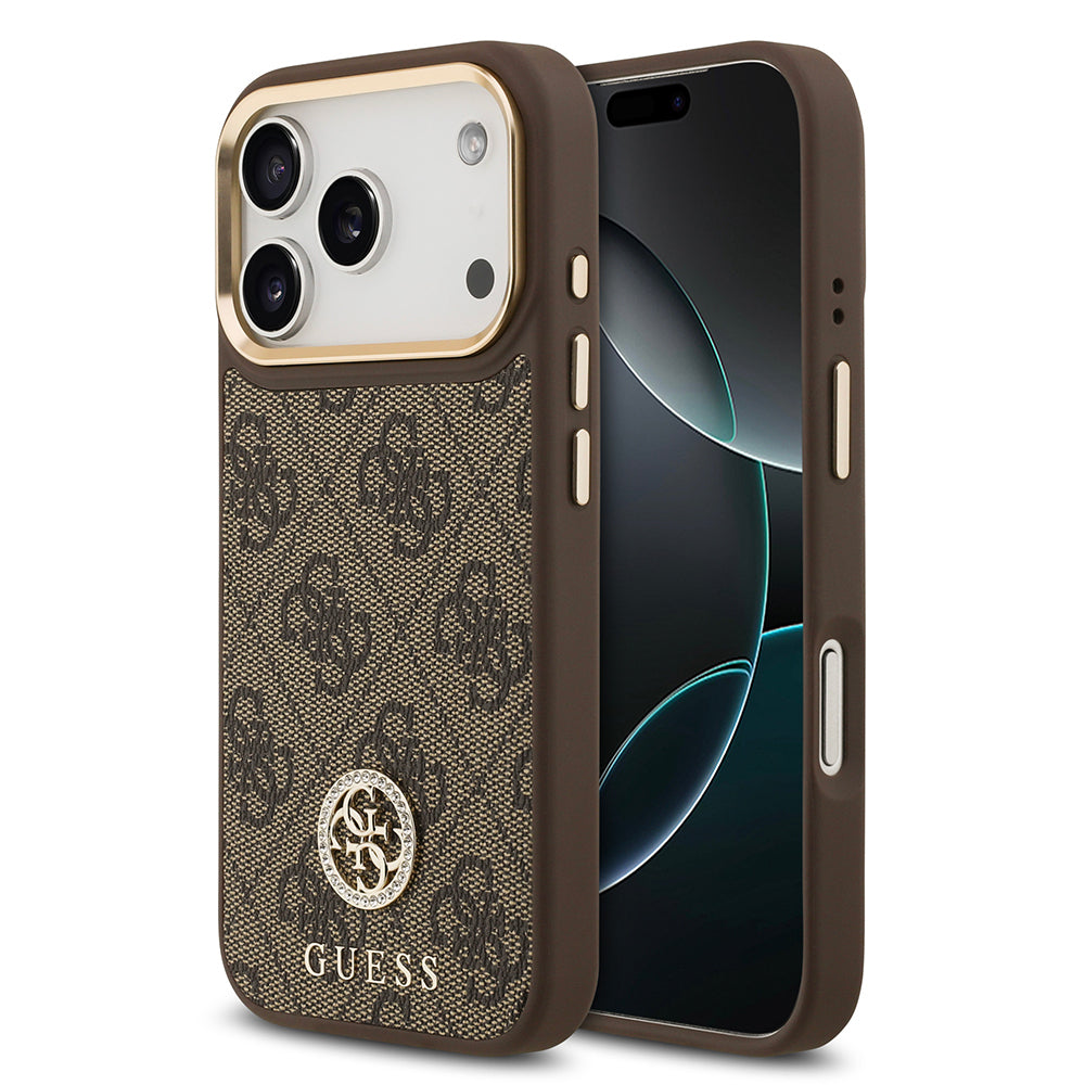 iPhone 17 Pro Kılıf Guess Orijinal Lisanslı M-safe Şarj Özellikli Gold Metal Kamera Çerçeveli Taşlı 4G Logolu Kılıf