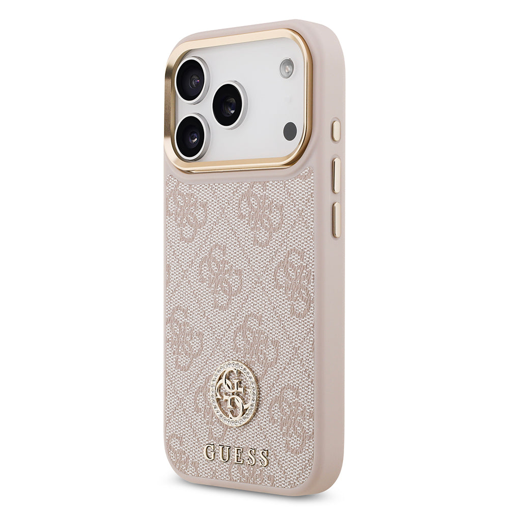 iPhone 17 Pro Kılıf Guess Orijinal Lisanslı M-safe Şarj Özellikli Gold Metal Kamera Çerçeveli Taşlı 4G Logolu Kılıf