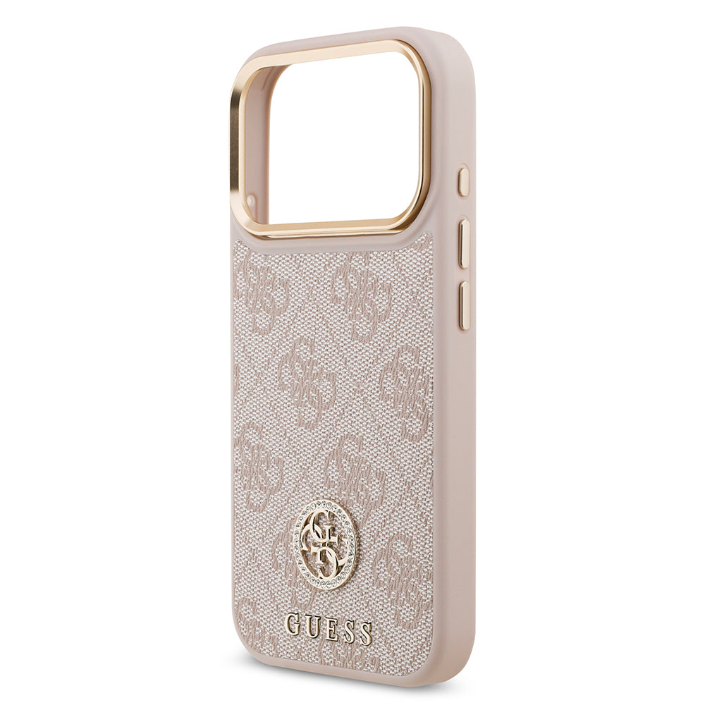 iPhone 17 Pro Kılıf Guess Orijinal Lisanslı M-safe Şarj Özellikli Gold Metal Kamera Çerçeveli Taşlı 4G Logolu Kılıf
