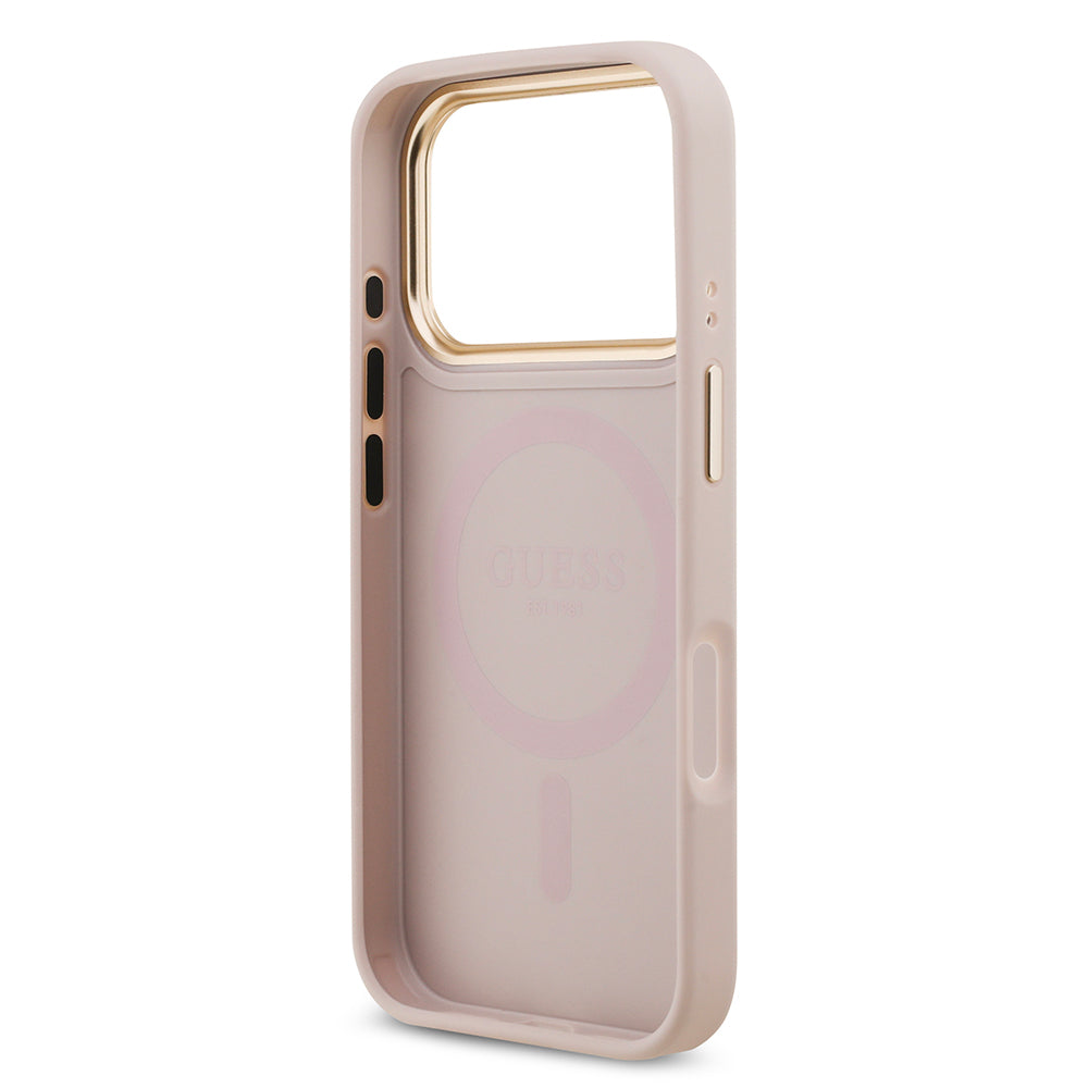 iPhone 17 Pro Kılıf Guess Orijinal Lisanslı M-safe Şarj Özellikli Gold Metal Kamera Çerçeveli Taşlı 4G Logolu Kılıf