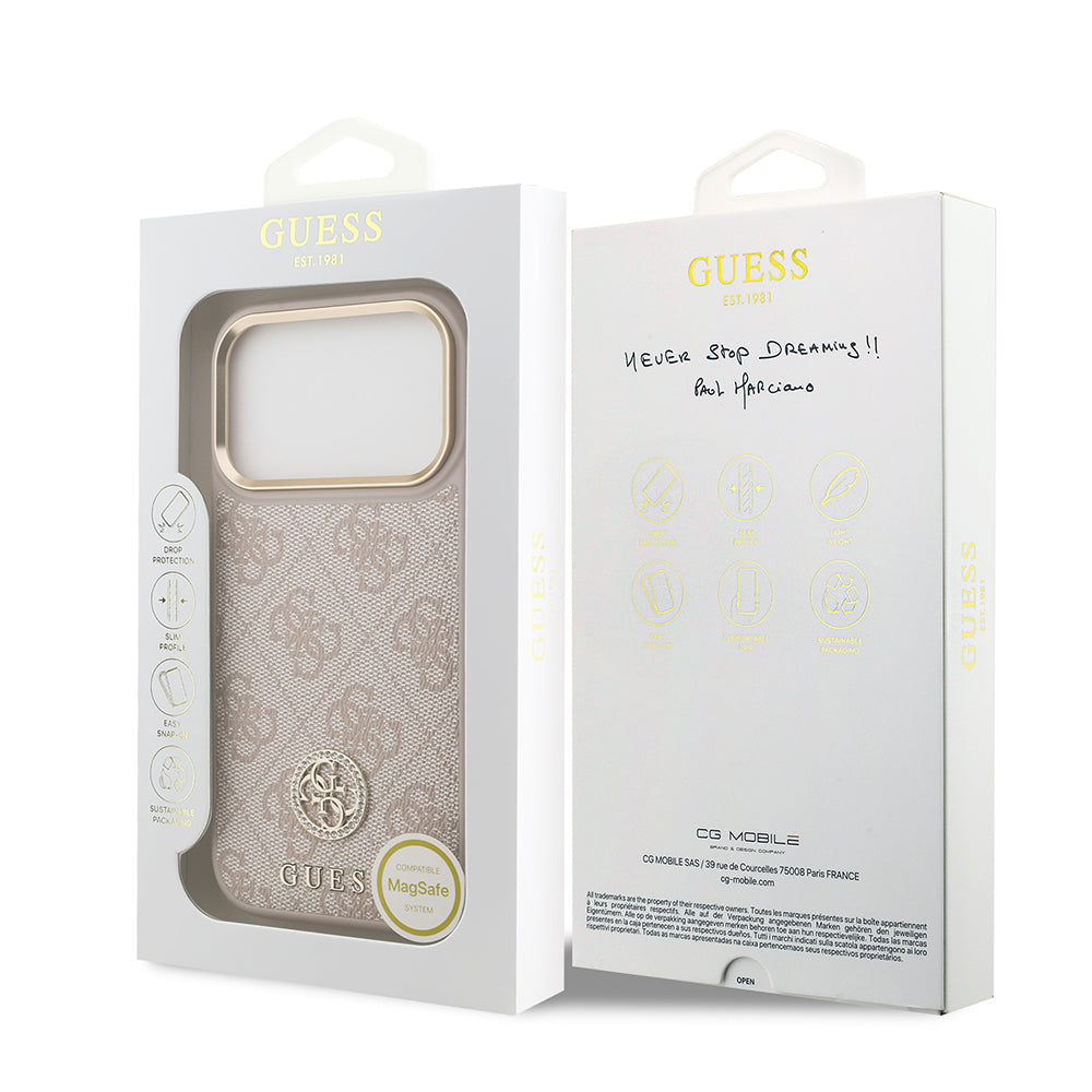 iPhone 17 Pro Kılıf Guess Orijinal Lisanslı M-safe Şarj Özellikli Gold Metal Kamera Çerçeveli Taşlı 4G Logolu Kılıf