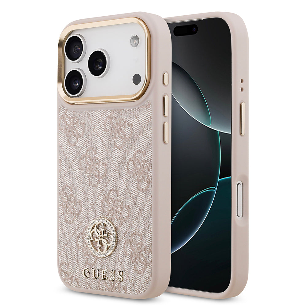 iPhone 17 Pro Kılıf Guess Orijinal Lisanslı M-safe Şarj Özellikli Gold Metal Kamera Çerçeveli Taşlı 4G Logolu Kılıf
