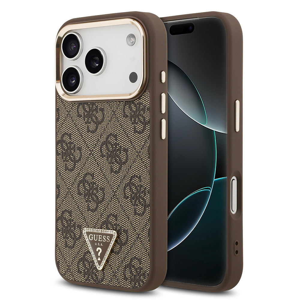 iPhone 17 Pro Kılıf Guess Orijinal Lisanslı M-safe Şarj Özellikli Gold Metal Kamera Çerçeveli Taşlı Üçgen Logo 4G Desenli Kılıf