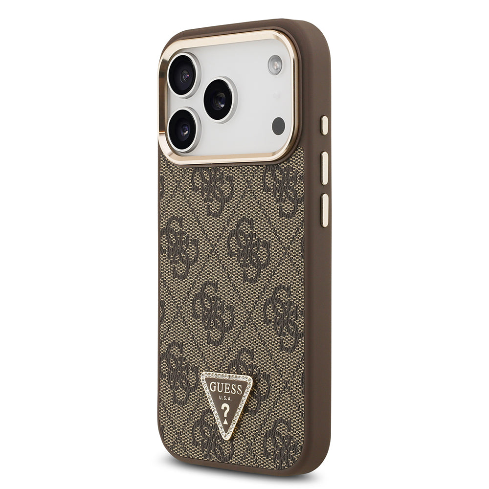 iPhone 17 Pro Kılıf Guess Orijinal Lisanslı M-safe Şarj Özellikli Gold Metal Kamera Çerçeveli Taşlı Üçgen Logo 4G Desenli Kılıf
