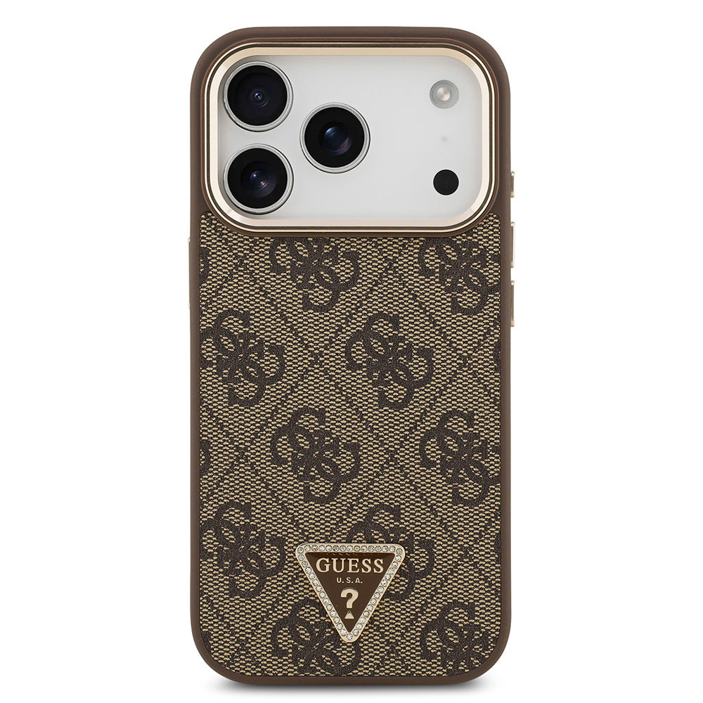 iPhone 17 Pro Kılıf Guess Orijinal Lisanslı M-safe Şarj Özellikli Gold Metal Kamera Çerçeveli Taşlı Üçgen Logo 4G Desenli Kılıf