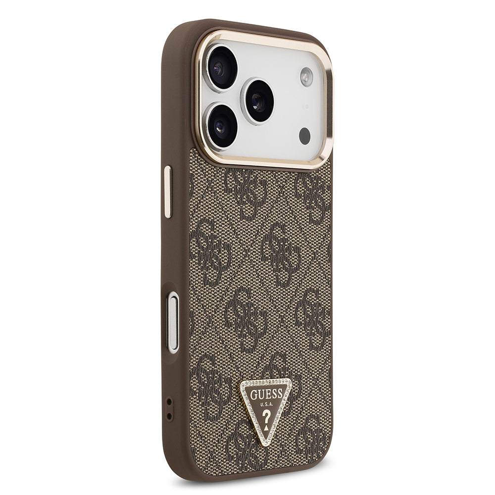 iPhone 17 Pro Kılıf Guess Orijinal Lisanslı M-safe Şarj Özellikli Gold Metal Kamera Çerçeveli Taşlı Üçgen Logo 4G Desenli Kılıf