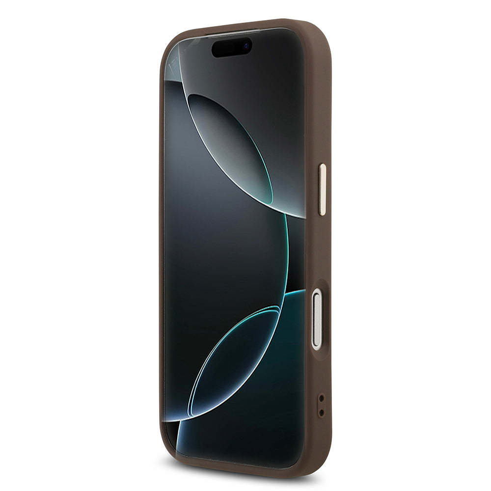 iPhone 17 Pro Kılıf Guess Orijinal Lisanslı M-safe Şarj Özellikli Gold Metal Kamera Çerçeveli Taşlı Üçgen Logo 4G Desenli Kılıf