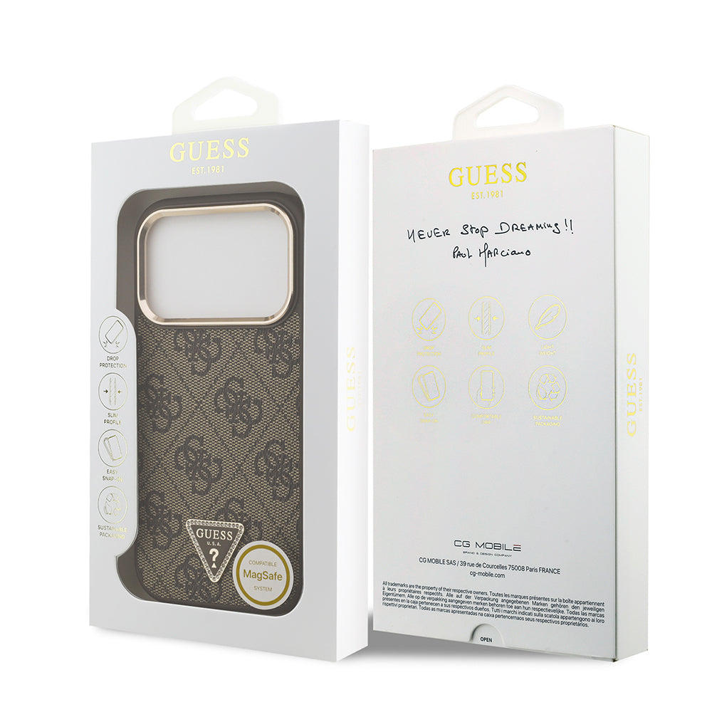 iPhone 17 Pro Kılıf Guess Orijinal Lisanslı M-safe Şarj Özellikli Gold Metal Kamera Çerçeveli Taşlı Üçgen Logo 4G Desenli Kılıf
