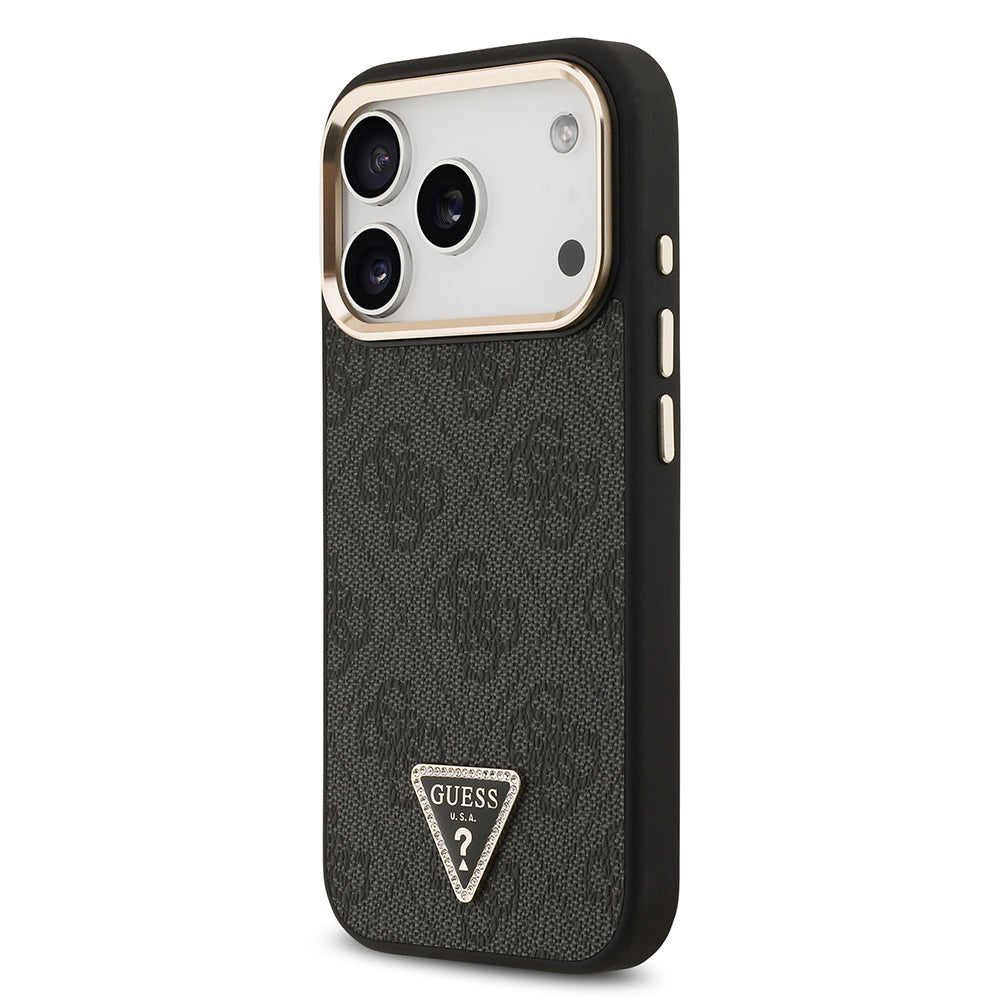 iPhone 17 Pro Kılıf Guess Orijinal Lisanslı M-safe Şarj Özellikli Gold Metal Kamera Çerçeveli Taşlı Üçgen Logo 4G Desenli Kılıf