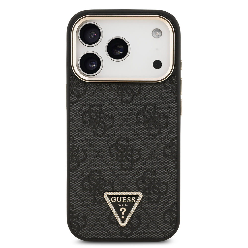 iPhone 17 Pro Kılıf Guess Orijinal Lisanslı M-safe Şarj Özellikli Gold Metal Kamera Çerçeveli Taşlı Üçgen Logo 4G Desenli Kılıf