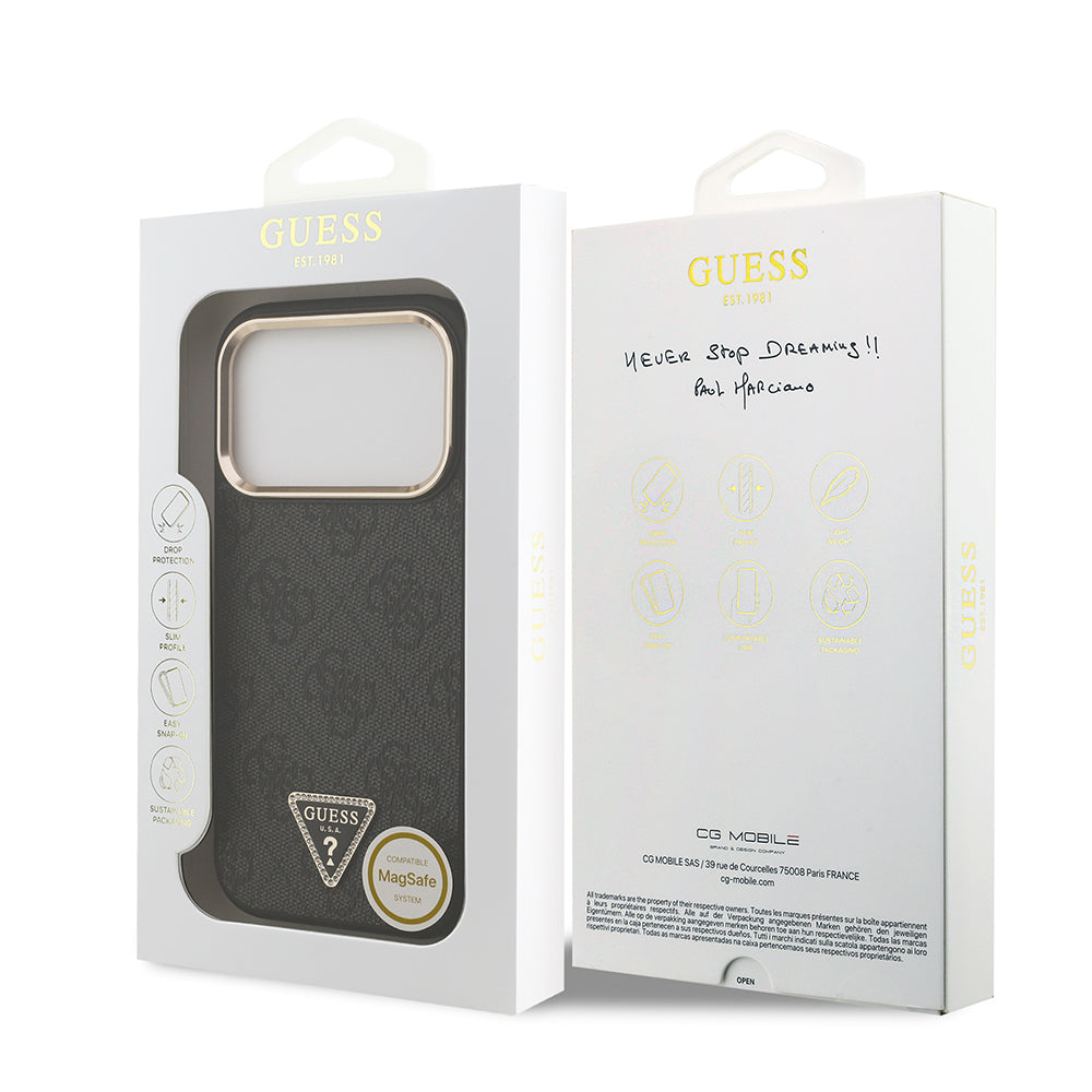 iPhone 17 Pro Kılıf Guess Orijinal Lisanslı M-safe Şarj Özellikli Gold Metal Kamera Çerçeveli Taşlı Üçgen Logo 4G Desenli Kılıf