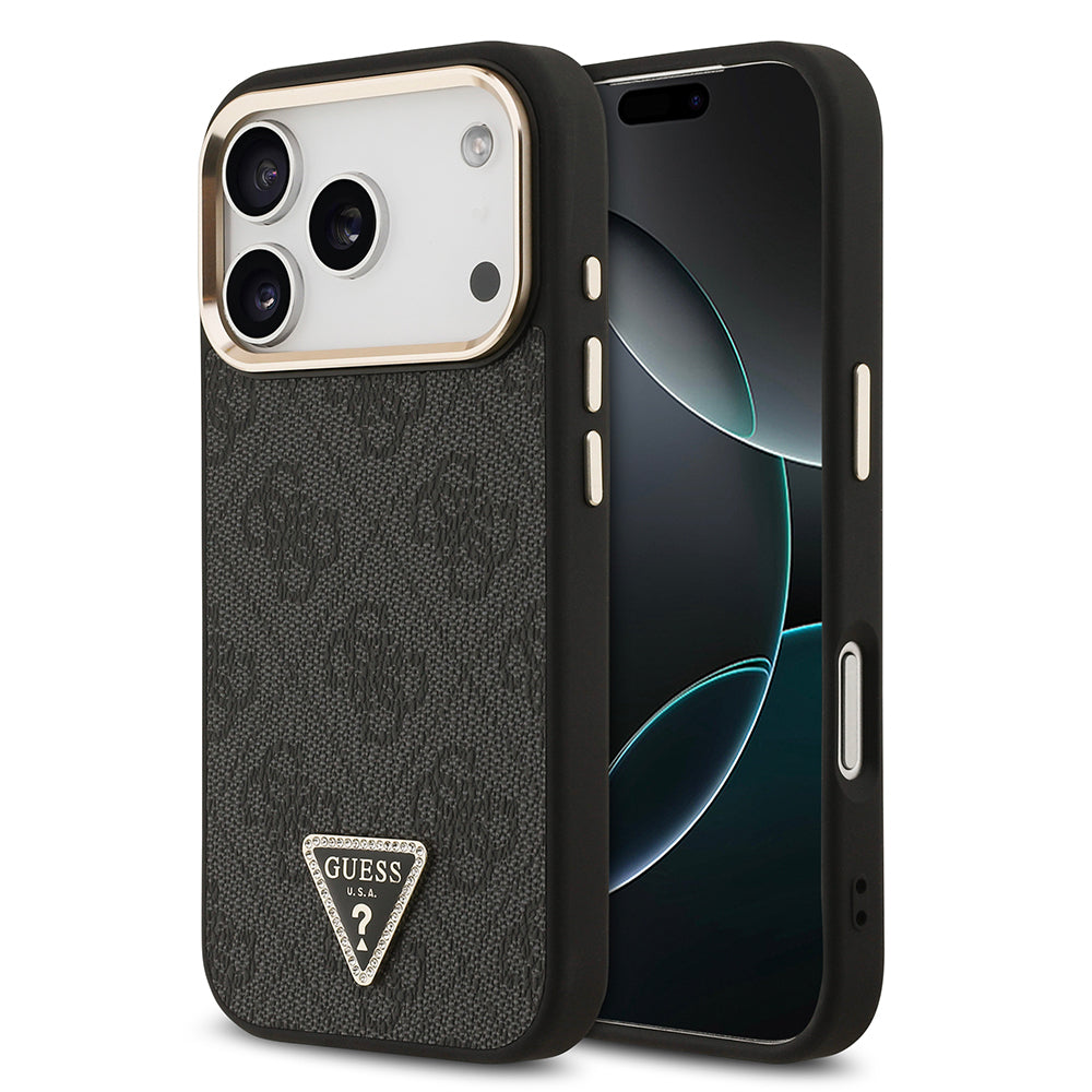 iPhone 17 Pro Kılıf Guess Orijinal Lisanslı M-safe Şarj Özellikli Gold Metal Kamera Çerçeveli Taşlı Üçgen Logo 4G Desenli Kılıf
