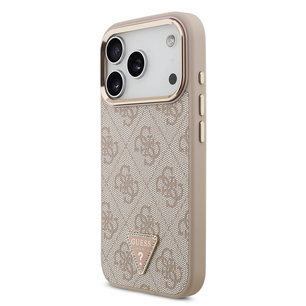 iPhone 17 Pro Kılıf Guess Orijinal Lisanslı M-safe Şarj Özellikli Gold Metal Kamera Çerçeveli Taşlı Üçgen Logo 4G Desenli Kılıf