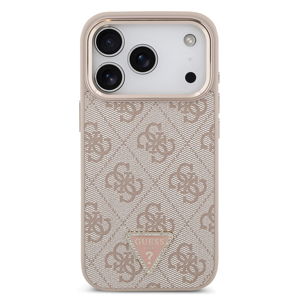 iPhone 17 Pro Kılıf Guess Orijinal Lisanslı M-safe Şarj Özellikli Gold Metal Kamera Çerçeveli Taşlı Üçgen Logo 4G Desenli Kılıf