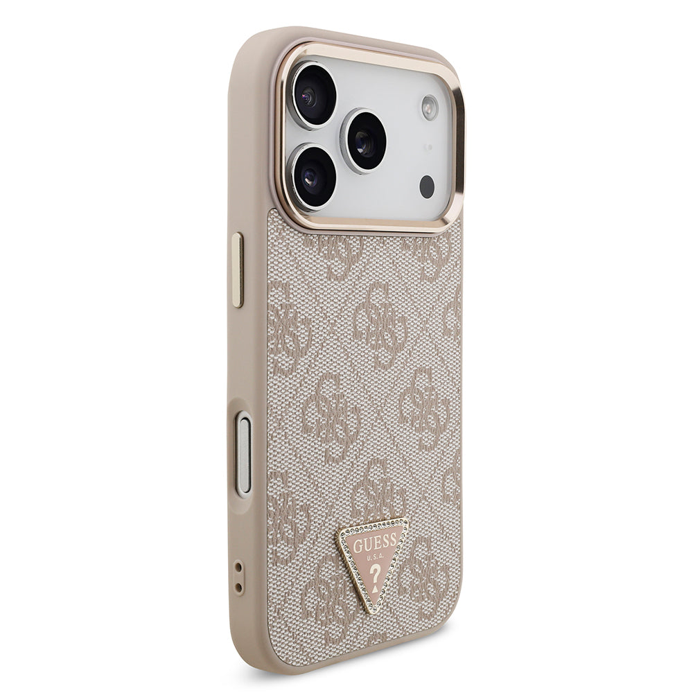 iPhone 17 Pro Kılıf Guess Orijinal Lisanslı M-safe Şarj Özellikli Gold Metal Kamera Çerçeveli Taşlı Üçgen Logo 4G Desenli Kılıf