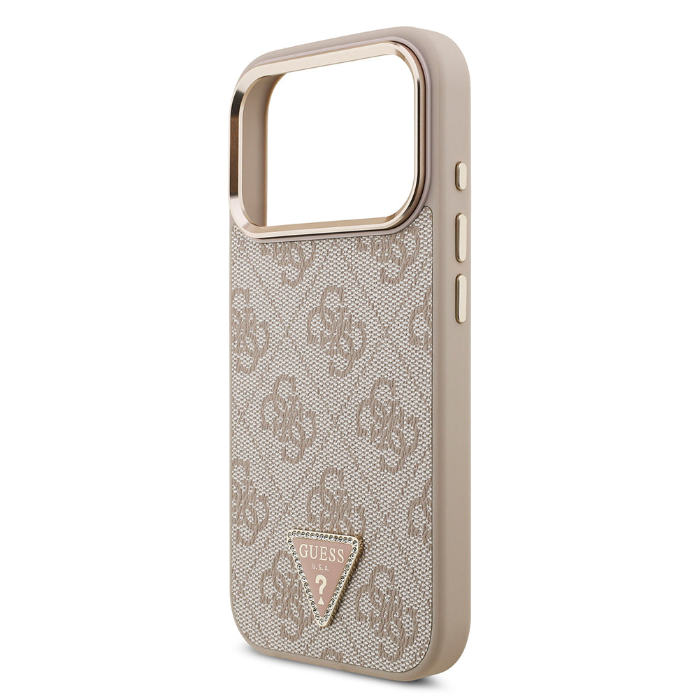 iPhone 17 Pro Kılıf Guess Orijinal Lisanslı M-safe Şarj Özellikli Gold Metal Kamera Çerçeveli Taşlı Üçgen Logo 4G Desenli Kılıf