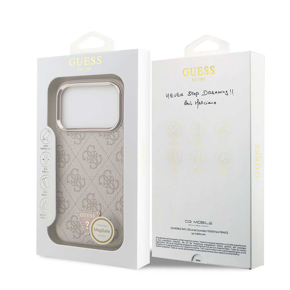 iPhone 17 Pro Kılıf Guess Orijinal Lisanslı M-safe Şarj Özellikli Gold Metal Kamera Çerçeveli Taşlı Üçgen Logo 4G Desenli Kılıf