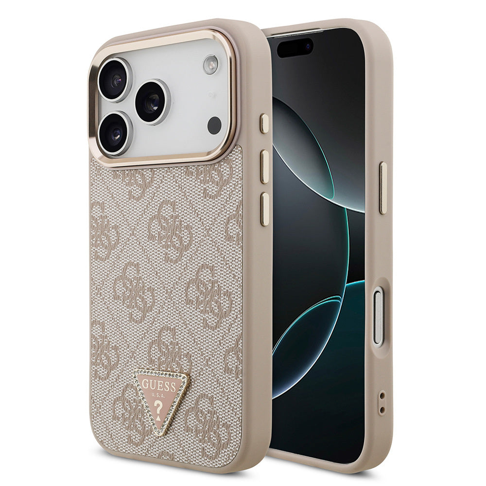 iPhone 17 Pro Kılıf Guess Orijinal Lisanslı M-safe Şarj Özellikli Gold Metal Kamera Çerçeveli Taşlı Üçgen Logo 4G Desenli Kılıf