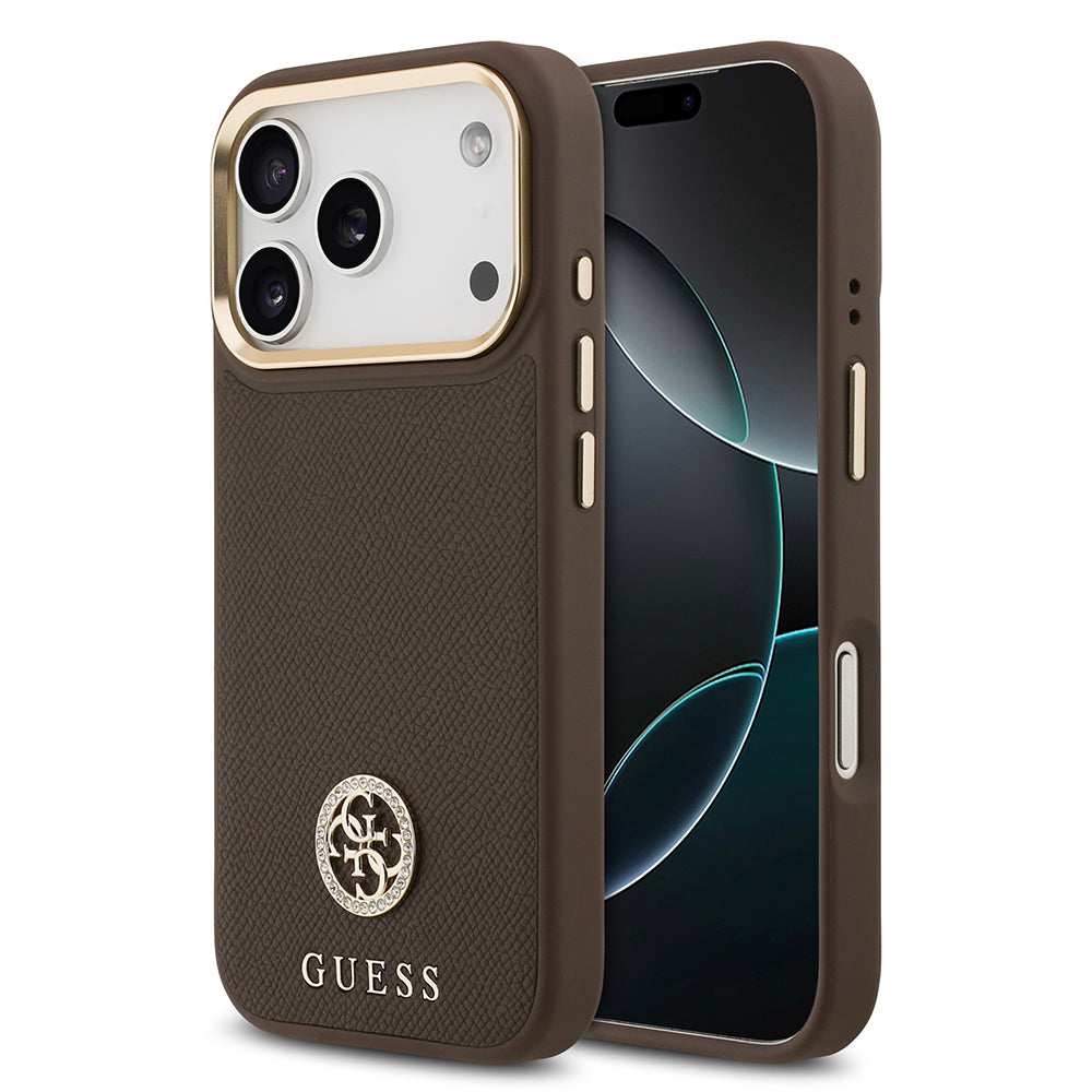 iPhone 17 Pro Kılıf Guess Orijinal Lisanslı M-safe Şarj Özellikli Grained Yazı ve Taşlı 4G Logolu Kılıf