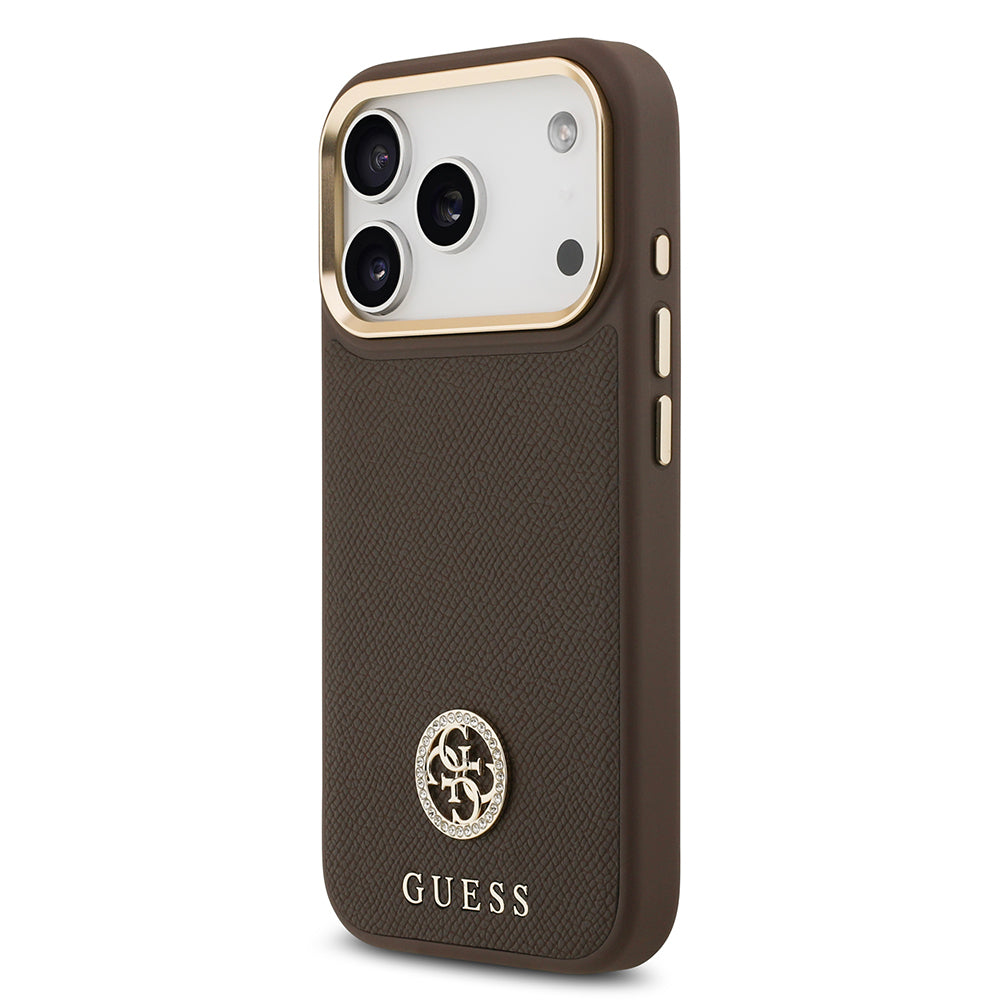 iPhone 17 Pro Kılıf Guess Orijinal Lisanslı M-safe Şarj Özellikli Grained Yazı ve Taşlı 4G Logolu Kılıf