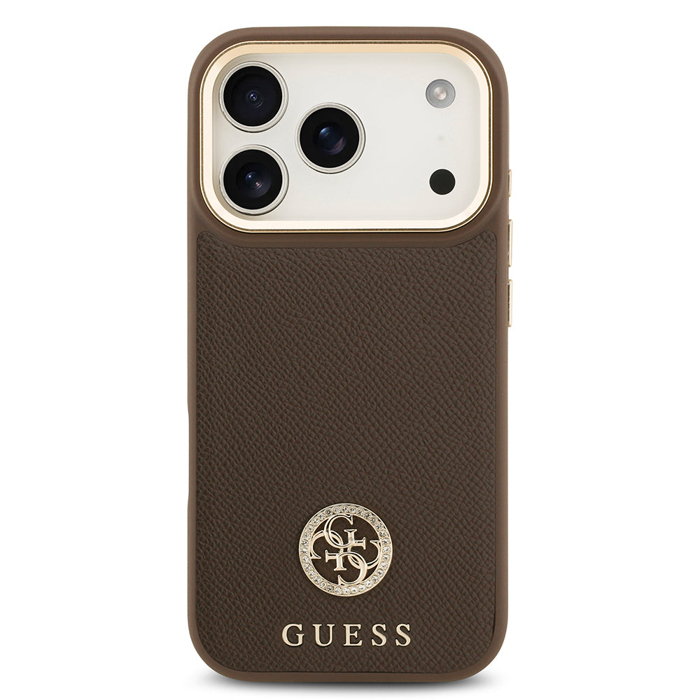 iPhone 17 Pro Kılıf Guess Orijinal Lisanslı M-safe Şarj Özellikli Grained Yazı ve Taşlı 4G Logolu Kılıf