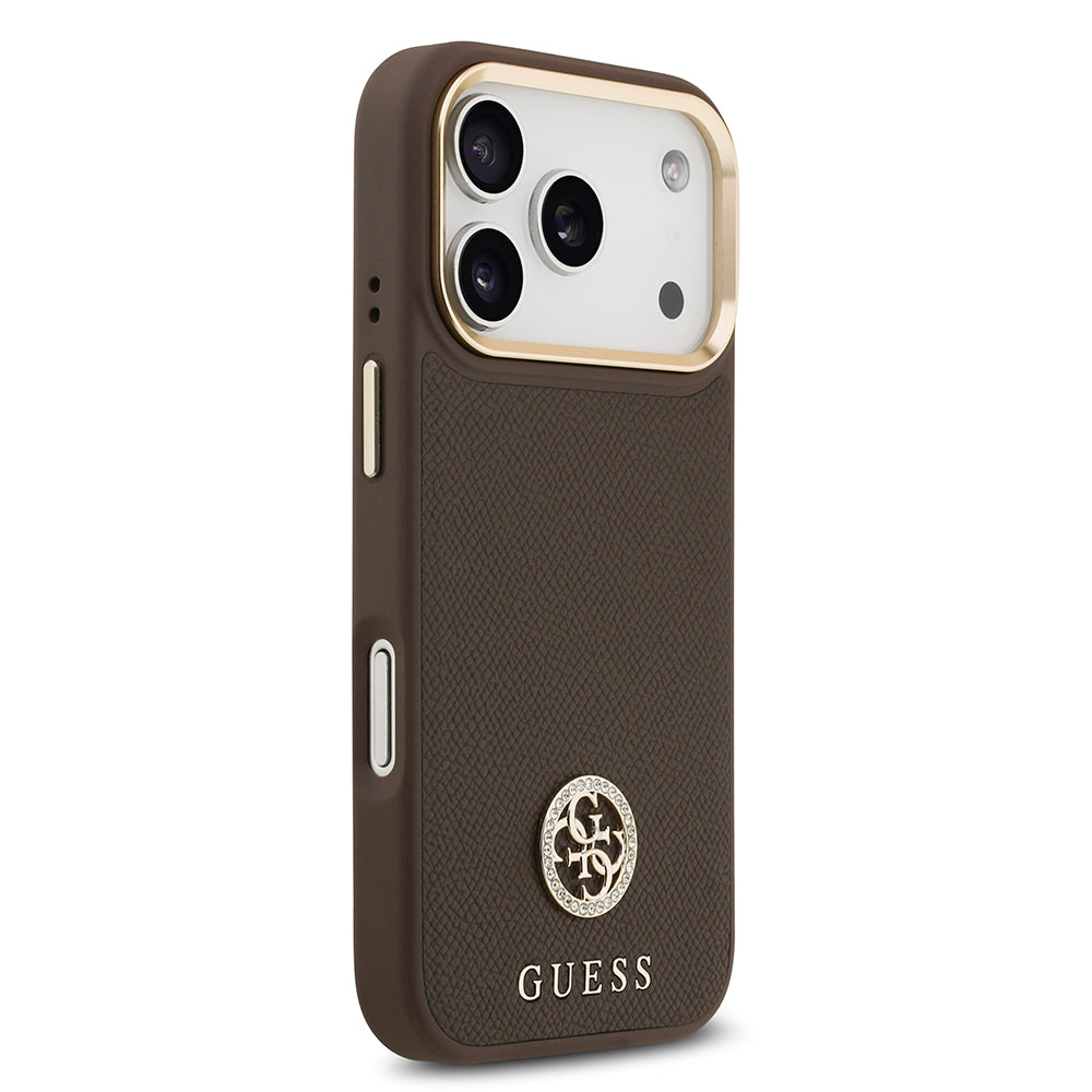 iPhone 17 Pro Kılıf Guess Orijinal Lisanslı M-safe Şarj Özellikli Grained Yazı ve Taşlı 4G Logolu Kılıf