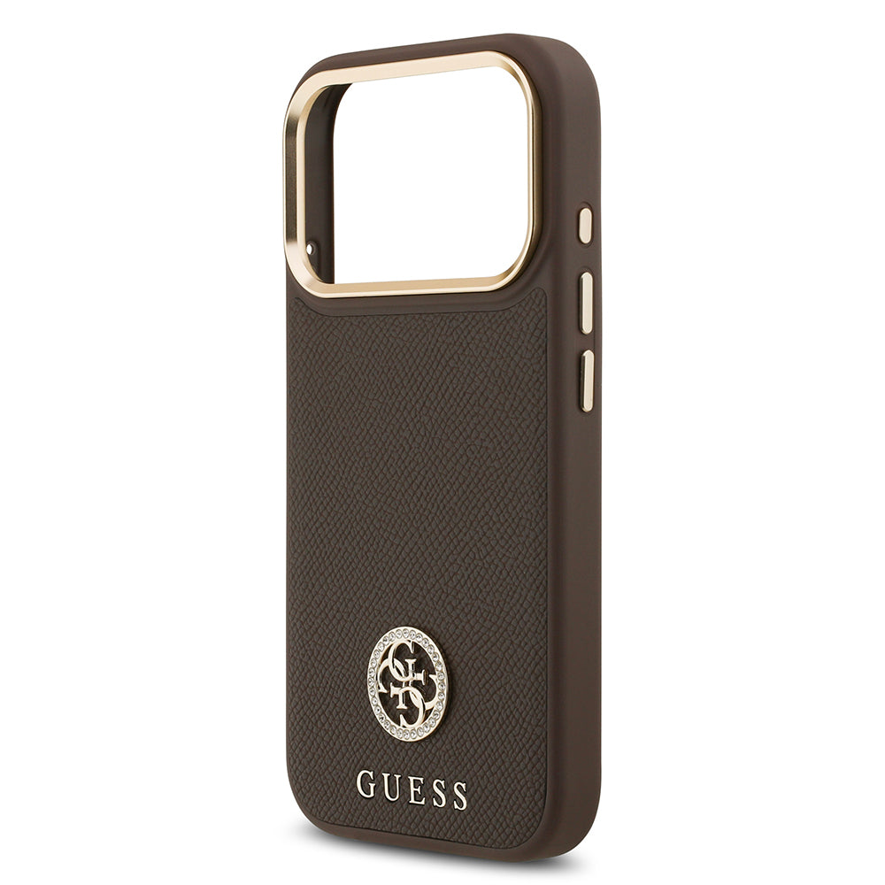 iPhone 17 Pro Kılıf Guess Orijinal Lisanslı M-safe Şarj Özellikli Grained Yazı ve Taşlı 4G Logolu Kılıf