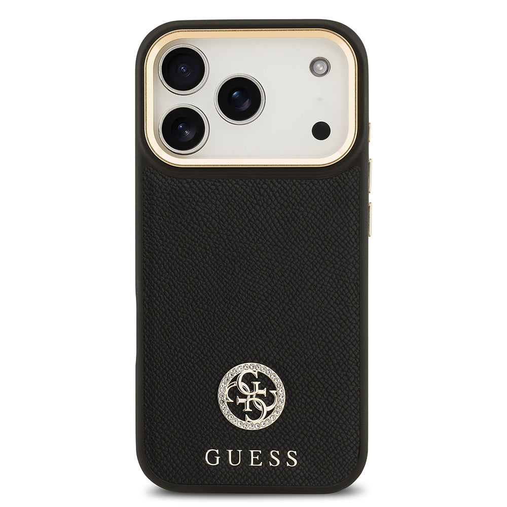 iPhone 17 Pro Kılıf Guess Orijinal Lisanslı M-safe Şarj Özellikli Grained Yazı ve Taşlı 4G Logolu Kılıf