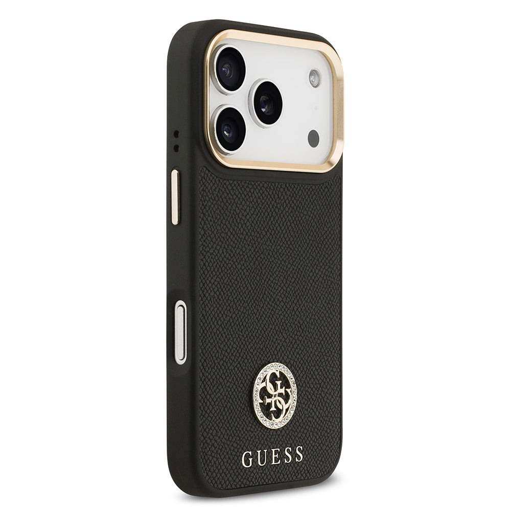 iPhone 17 Pro Kılıf Guess Orijinal Lisanslı M-safe Şarj Özellikli Grained Yazı ve Taşlı 4G Logolu Kılıf