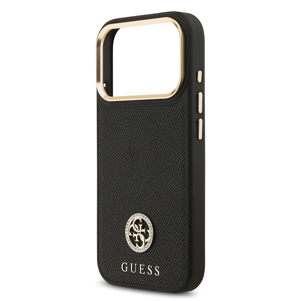 iPhone 17 Pro Kılıf Guess Orijinal Lisanslı M-safe Şarj Özellikli Grained Yazı ve Taşlı 4G Logolu Kılıf