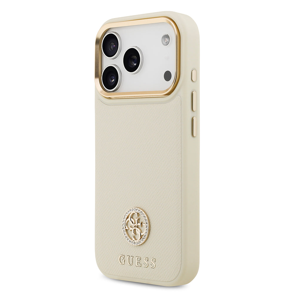 iPhone 17 Pro Kılıf Guess Orijinal Lisanslı M-safe Şarj Özellikli Grained Yazı ve Taşlı 4G Logolu Kılıf