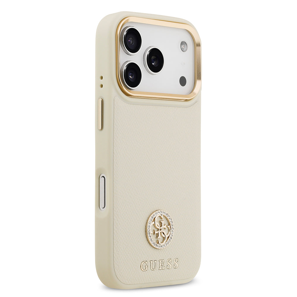 iPhone 17 Pro Kılıf Guess Orijinal Lisanslı M-safe Şarj Özellikli Grained Yazı ve Taşlı 4G Logolu Kılıf