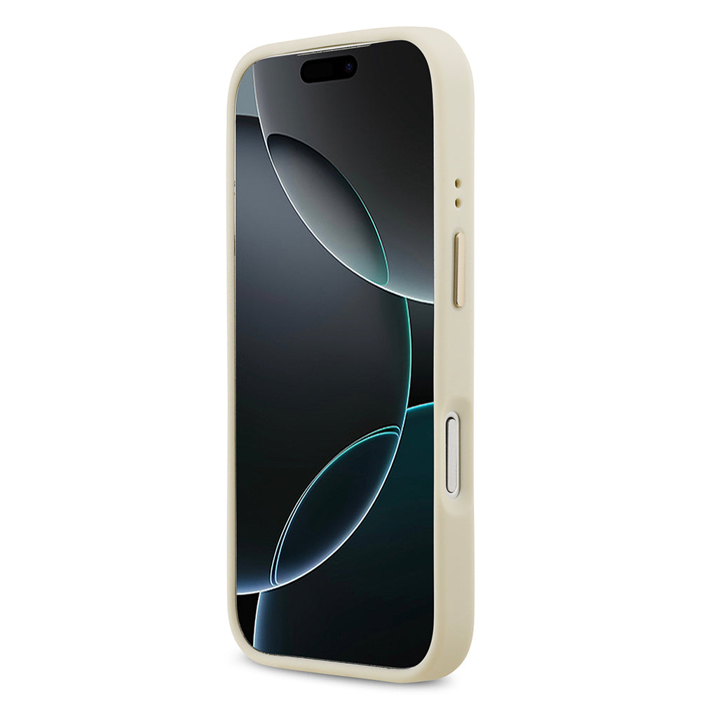 iPhone 17 Pro Kılıf Guess Orijinal Lisanslı M-safe Şarj Özellikli Grained Yazı ve Taşlı 4G Logolu Kılıf