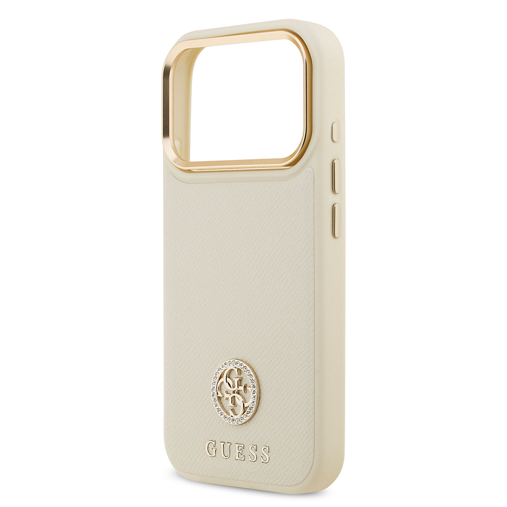 iPhone 17 Pro Kılıf Guess Orijinal Lisanslı M-safe Şarj Özellikli Grained Yazı ve Taşlı 4G Logolu Kılıf