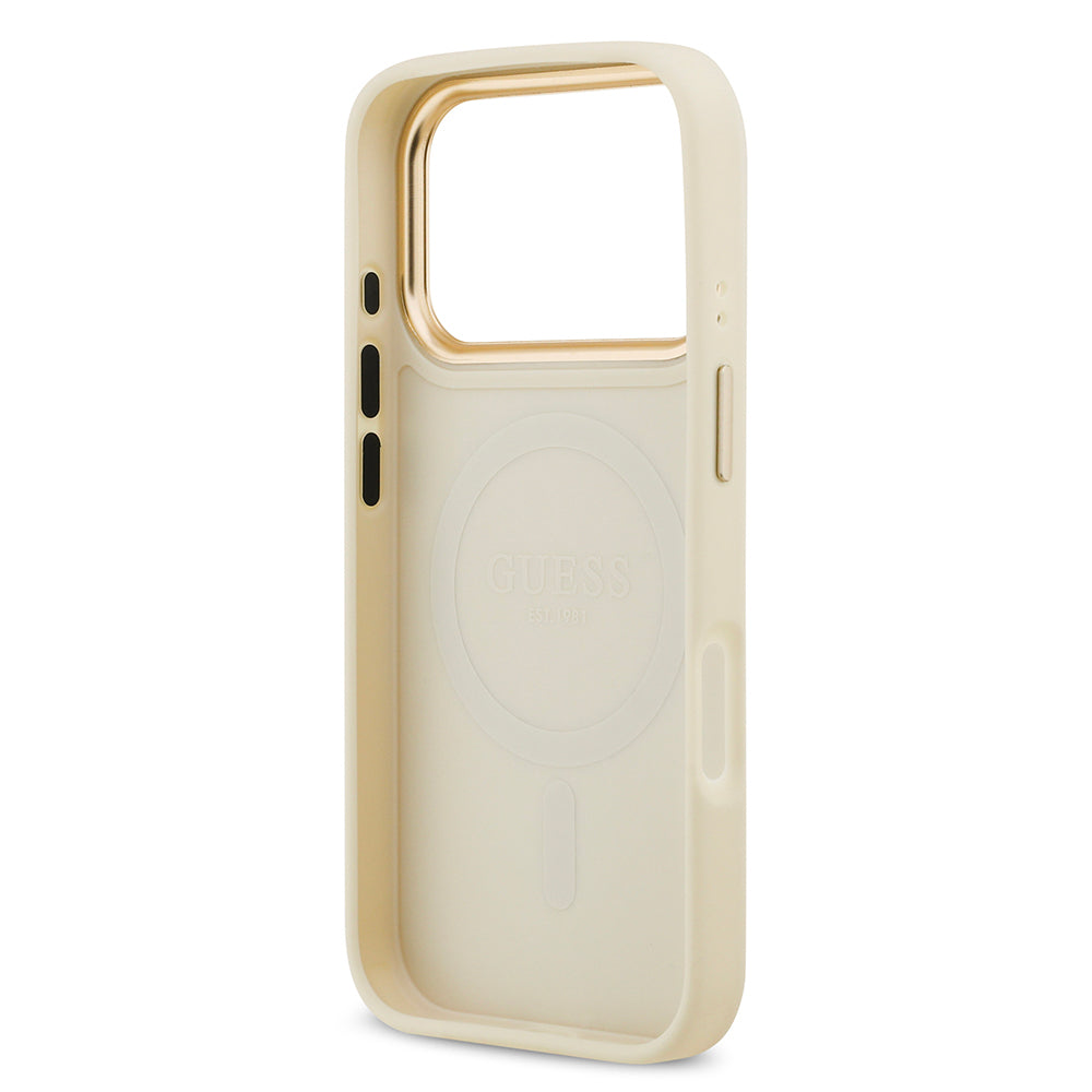 iPhone 17 Pro Kılıf Guess Orijinal Lisanslı M-safe Şarj Özellikli Grained Yazı ve Taşlı 4G Logolu Kılıf