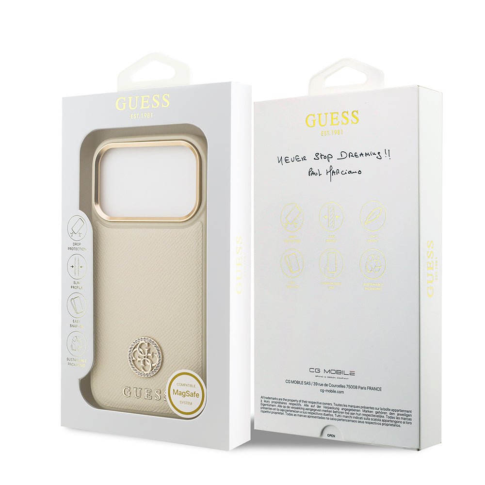 iPhone 17 Pro Kılıf Guess Orijinal Lisanslı M-safe Şarj Özellikli Grained Yazı ve Taşlı 4G Logolu Kılıf