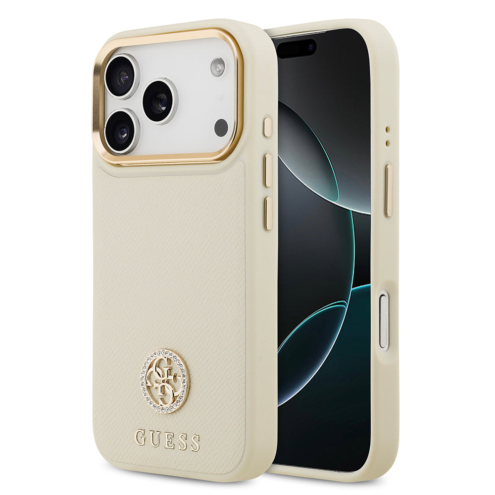 iPhone 17 Pro Kılıf Guess Orijinal Lisanslı M-safe Şarj Özellikli Grained Yazı ve Taşlı 4G Logolu Kılıf