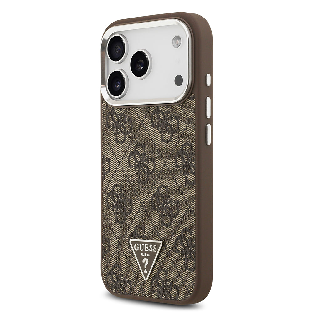 iPhone 17 Pro Kılıf Guess Orijinal Lisanslı M-safe Şarj Özellikli Gümüş Metal Kamera Çerçeveli Üçgen Logo 4G Desenli Kılıf