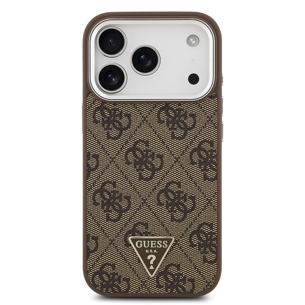 iPhone 17 Pro Kılıf Guess Orijinal Lisanslı M-safe Şarj Özellikli Gümüş Metal Kamera Çerçeveli Üçgen Logo 4G Desenli Kılıf