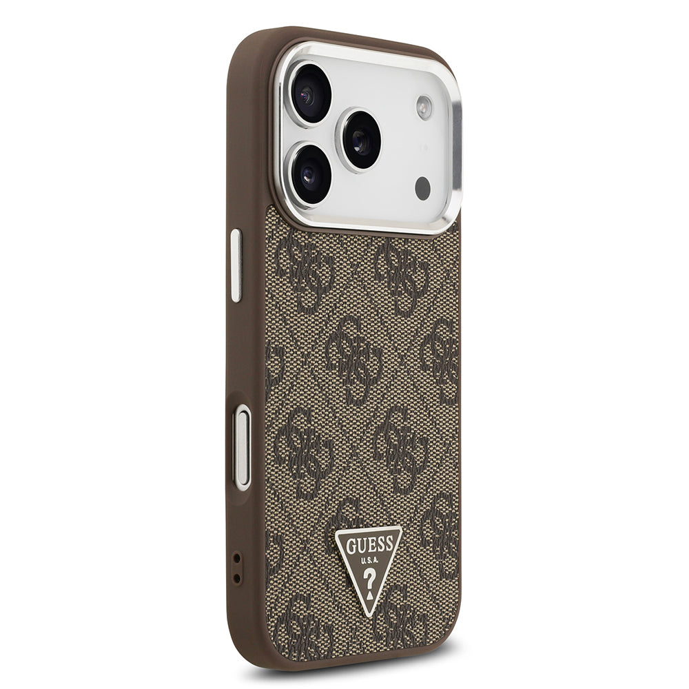 iPhone 17 Pro Kılıf Guess Orijinal Lisanslı M-safe Şarj Özellikli Gümüş Metal Kamera Çerçeveli Üçgen Logo 4G Desenli Kılıf