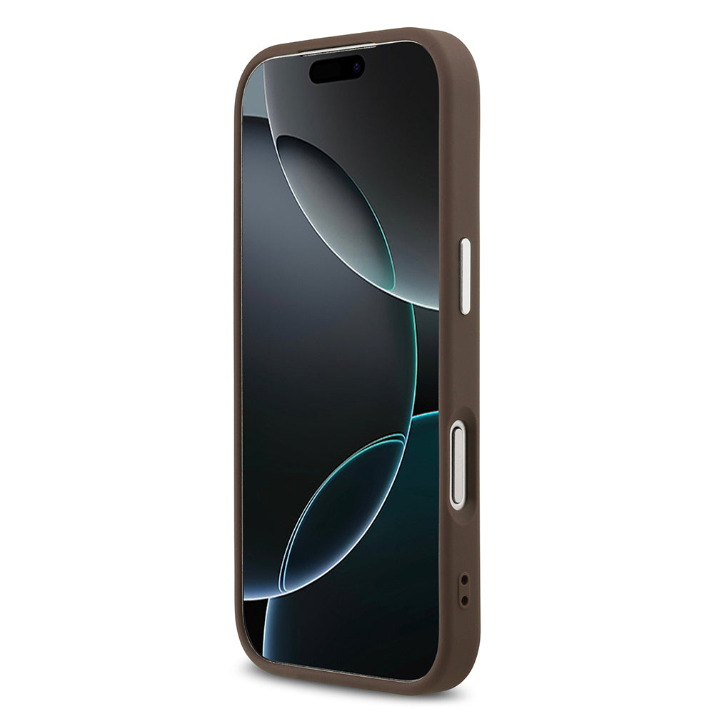 iPhone 17 Pro Kılıf Guess Orijinal Lisanslı M-safe Şarj Özellikli Gümüş Metal Kamera Çerçeveli Üçgen Logo 4G Desenli Kılıf