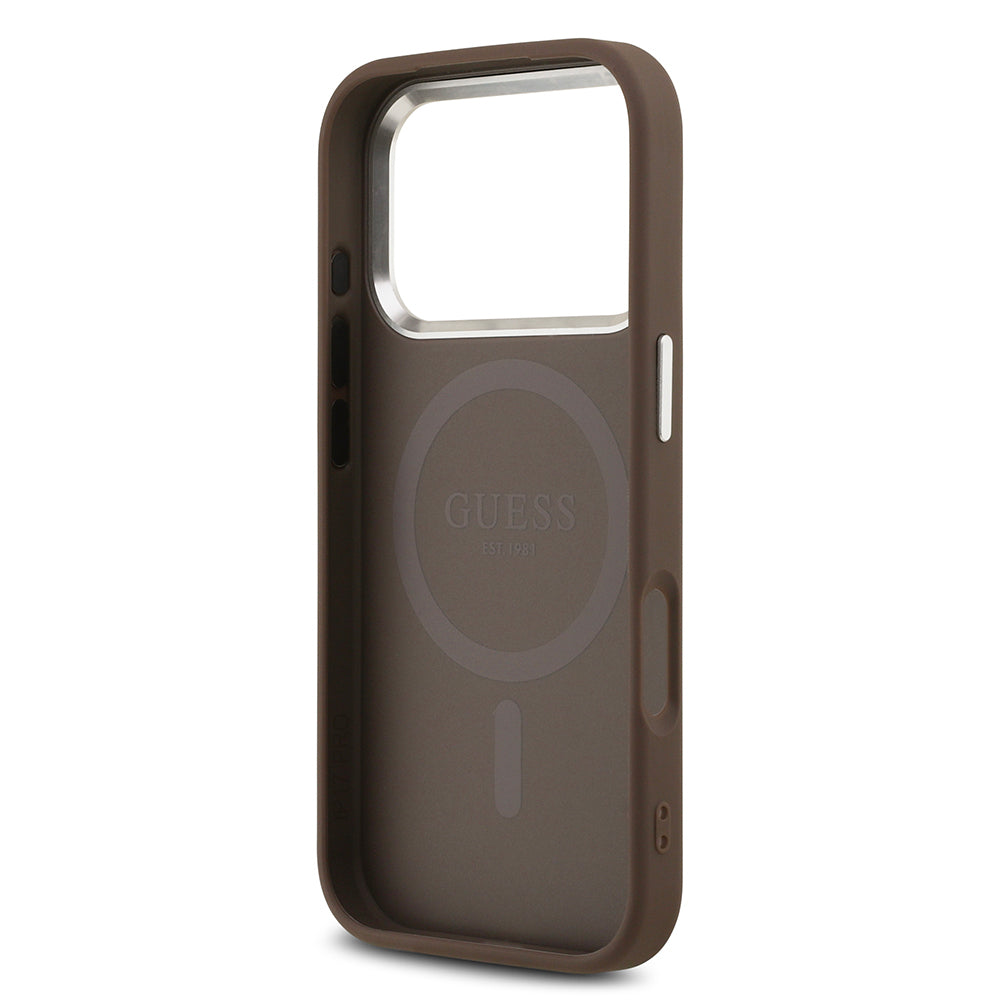 iPhone 17 Pro Kılıf Guess Orijinal Lisanslı M-safe Şarj Özellikli Gümüş Metal Kamera Çerçeveli Üçgen Logo 4G Desenli Kılıf