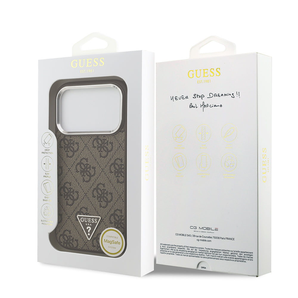 iPhone 17 Pro Kılıf Guess Orijinal Lisanslı M-safe Şarj Özellikli Gümüş Metal Kamera Çerçeveli Üçgen Logo 4G Desenli Kılıf