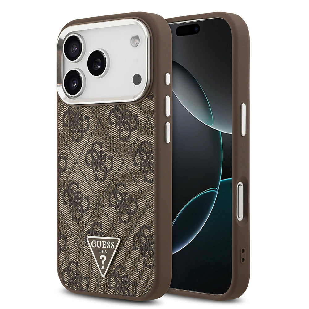 iPhone 17 Pro Kılıf Guess Orijinal Lisanslı M-safe Şarj Özellikli Gümüş Metal Kamera Çerçeveli Üçgen Logo 4G Desenli Kılıf