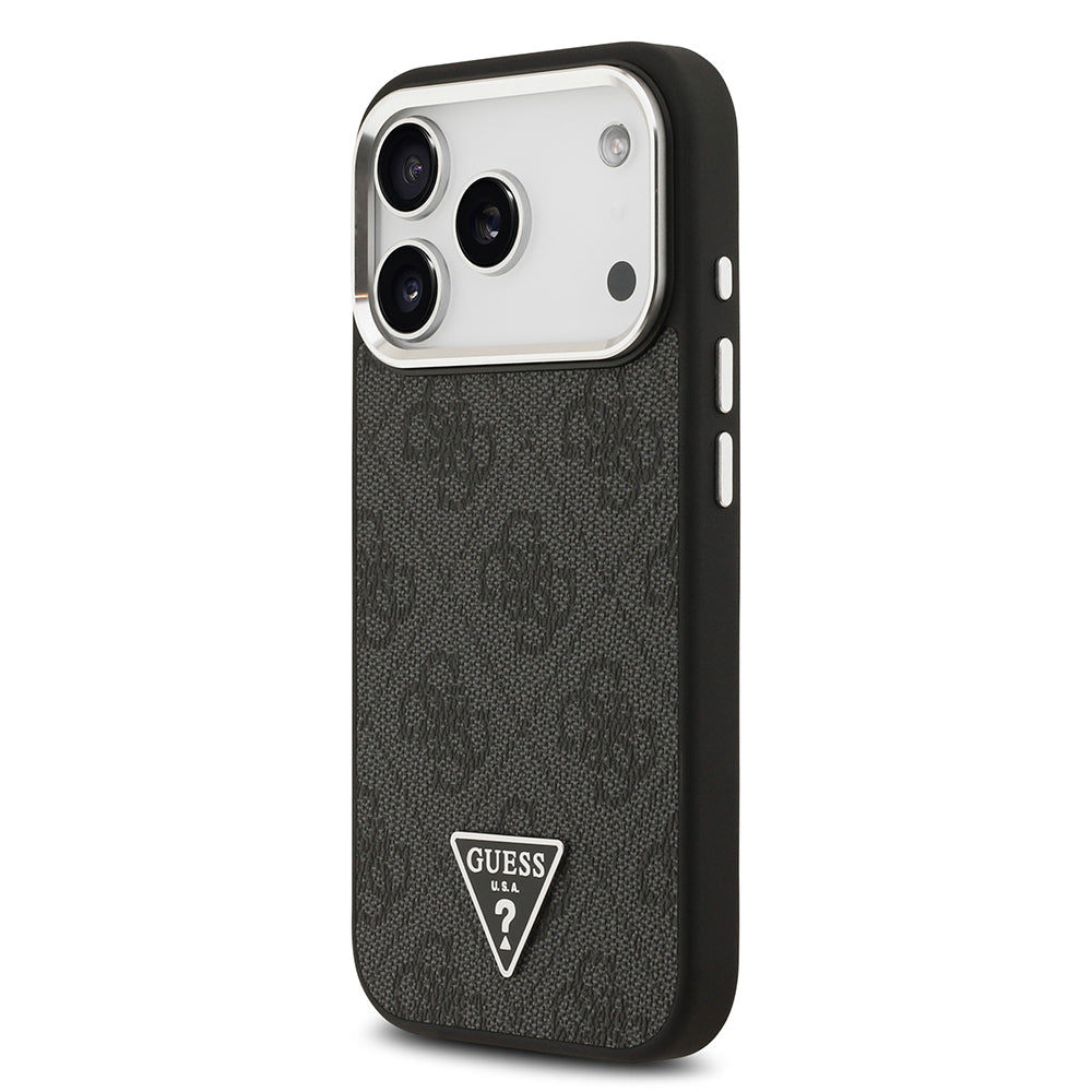 iPhone 17 Pro Kılıf Guess Orijinal Lisanslı M-safe Şarj Özellikli Gümüş Metal Kamera Çerçeveli Üçgen Logo 4G Desenli Kılıf